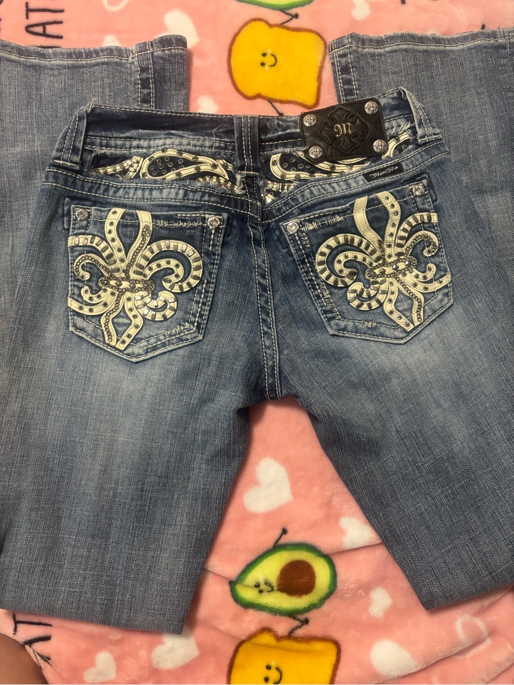 Miss Me Light Blue Boot Cut Jeans with Embellished Fleur-de-Lis Pockets